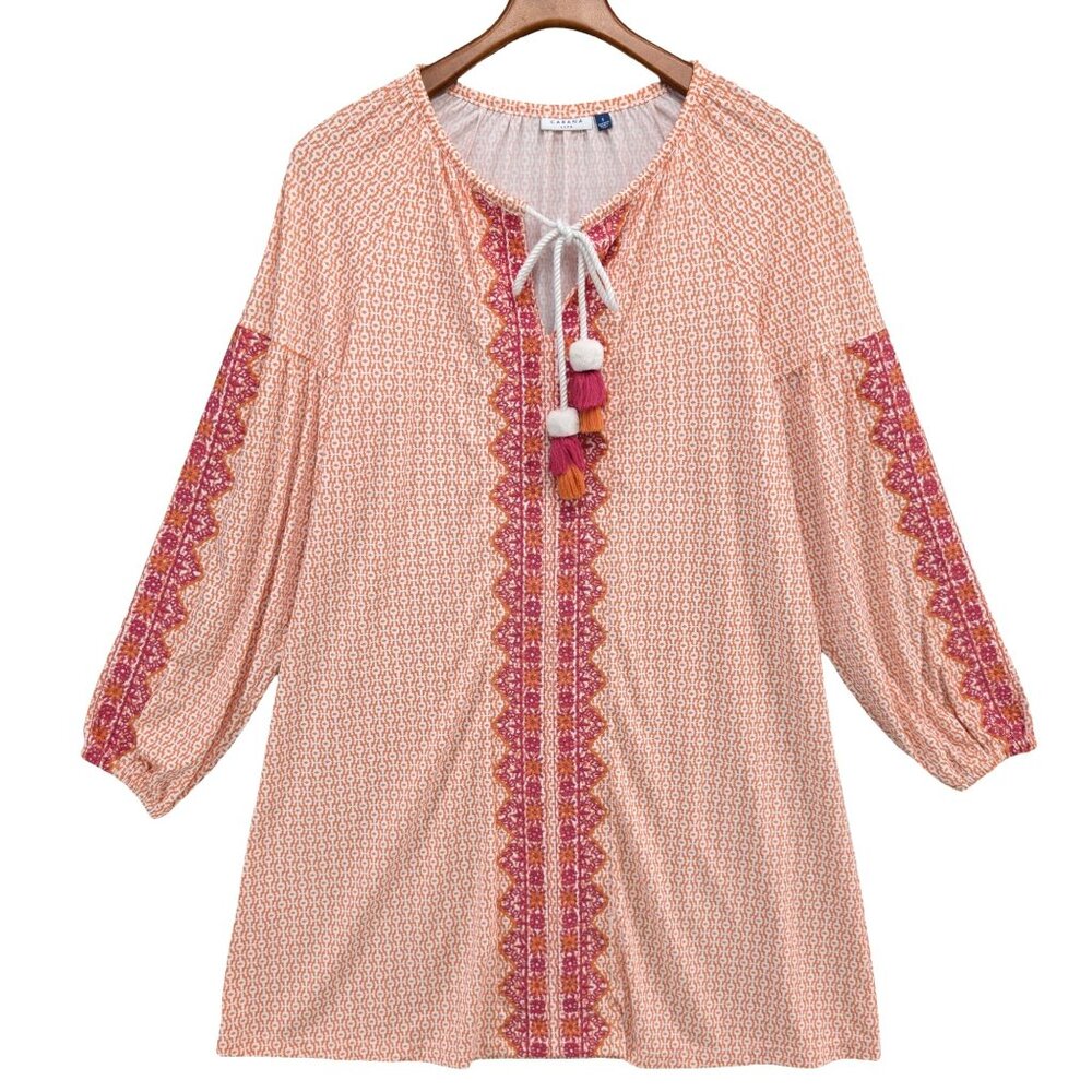 Cabana Life Tulum Coverluxe Dress Orange Embroidered Tassel 3/4 Sleeve Size S